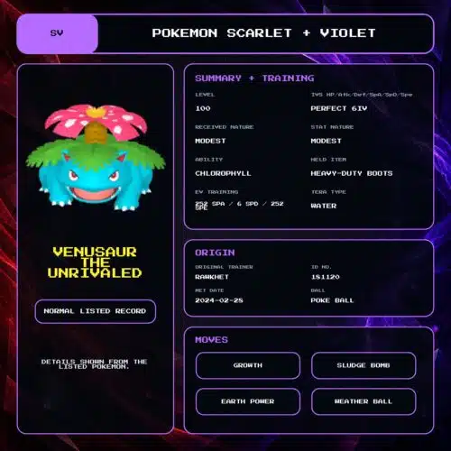 Venusaur The Unrivaled details for Pokemon Scarlet and Violet.