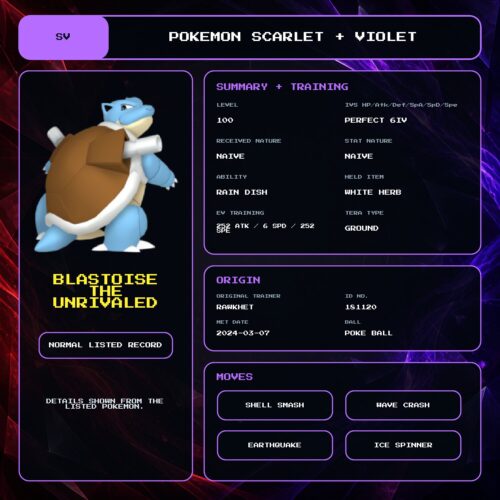 Blastoise The Unrivaled details for Pokemon Scarlet and Violet.