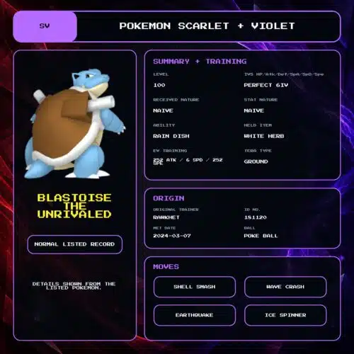 Blastoise The Unrivaled details for Pokemon Scarlet and Violet.