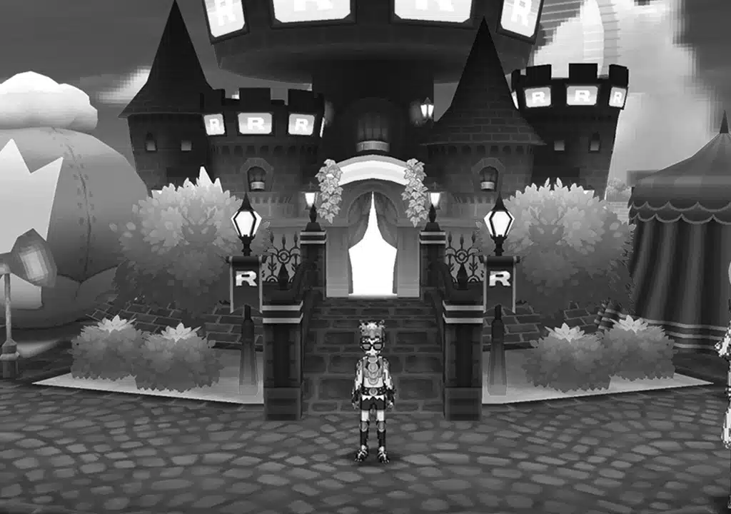 Grayscale image of Rawkhet's character in the Sun and Moon Festival Plaza
