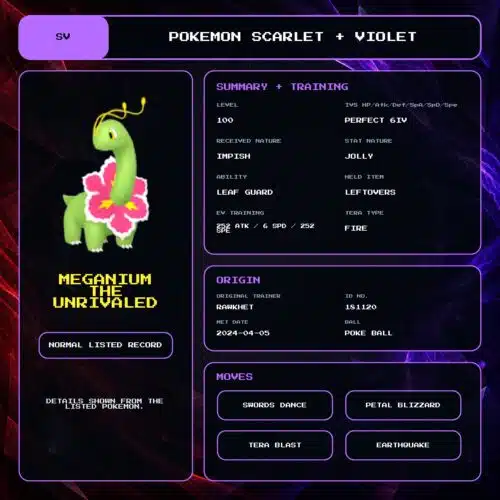 Meganium The Unrivaled details for Pokemon Scarlet and Violet.