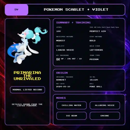 Primarina The Unrivaled details for Pokemon Scarlet and Violet.