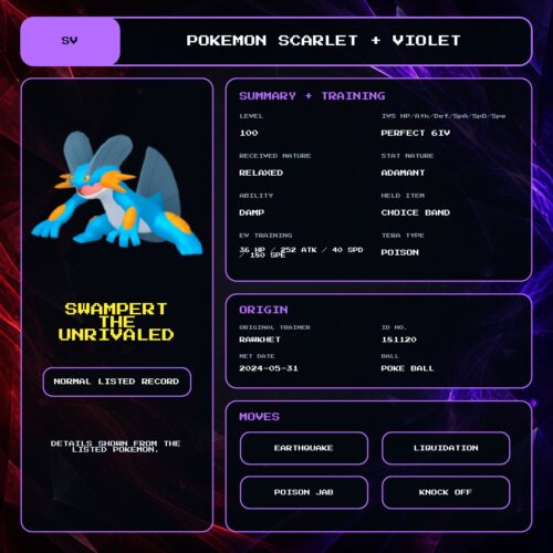 Swampert The Unrivaled details for Pokemon Scarlet and Violet.