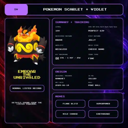 Emboar The Unrivaled details for Pokemon Scarlet and Violet.