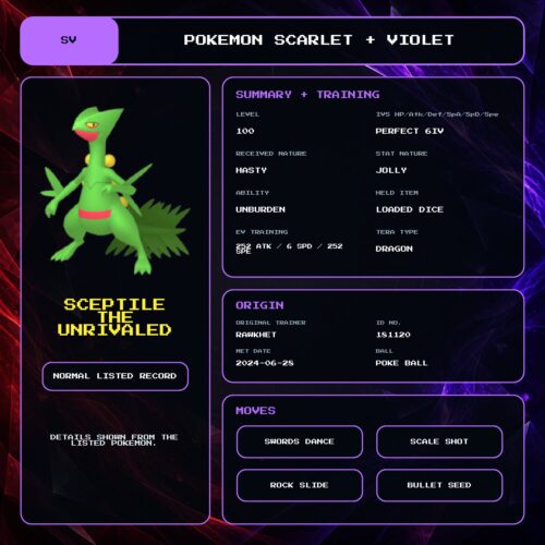 Sceptile The Unrivaled details for Pokemon Scarlet and Violet.