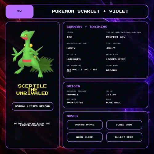 Sceptile The Unrivaled details for Pokemon Scarlet and Violet.