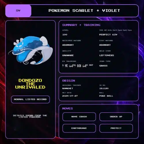 Dondozo The Unrivaled details for Pokemon Scarlet and Violet.
