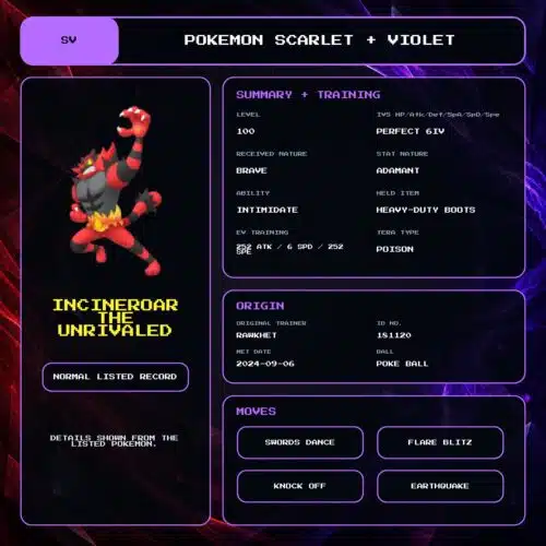 Incineroar The Unrivaled details for Pokemon Scarlet and Violet.