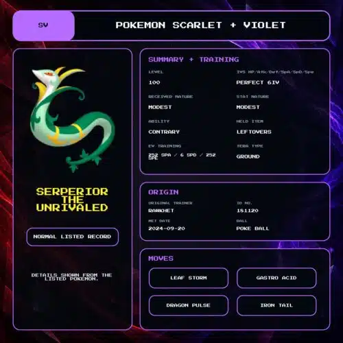 Serperior The Unrivaled details for Pokemon Scarlet and Violet.