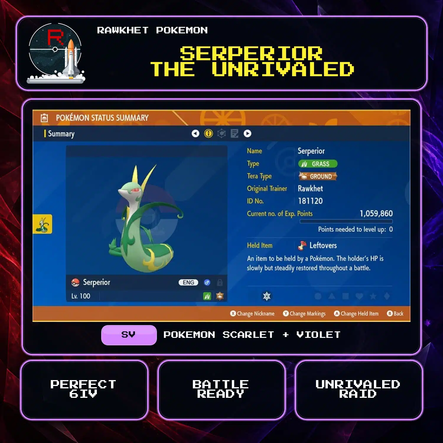 Serperior the Unrivaled for Pokemon Scarlet and Violet Serperior the Unrivaled for Pokemon Scarlet and Violet.
