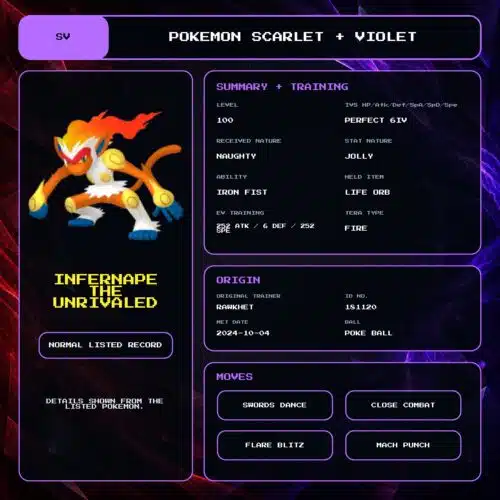 Infernape The Unrivaled details for Pokemon Scarlet and Violet.