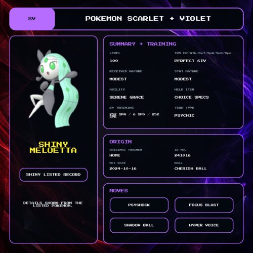 Shiny Meloetta details for Pokemon Scarlet and Violet.