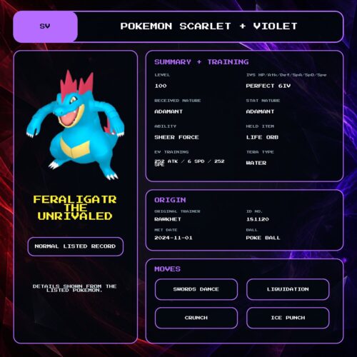 Feraligatr The Unrivaled details for Pokemon Scarlet and Violet.