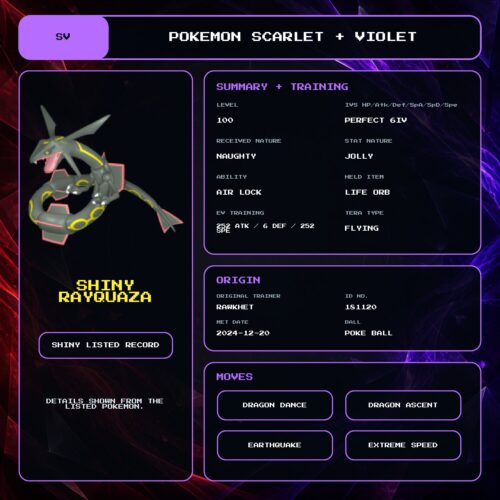 Shiny Rayquaza details for Pokemon Scarlet and Violet.