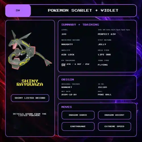 Shiny Rayquaza details for Pokemon Scarlet and Violet.