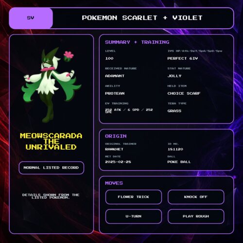 Meowscarada The Unrivaled details for Pokemon Scarlet and Violet.