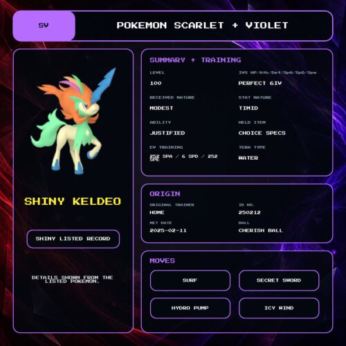 Shiny Keldeo details for Pokemon Scarlet and Violet.