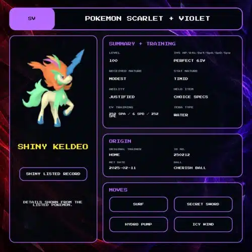 Shiny Keldeo details for Pokemon Scarlet and Violet.