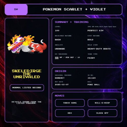 Skeledirge The Unrivaled details for Pokemon Scarlet and Violet.