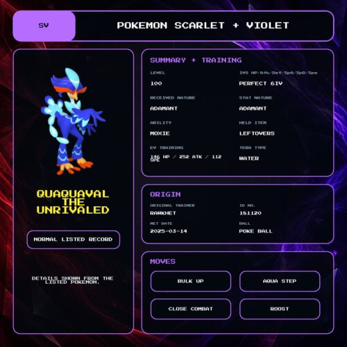 Quaquaval The Unrivaled details for Pokemon Scarlet and Violet.
