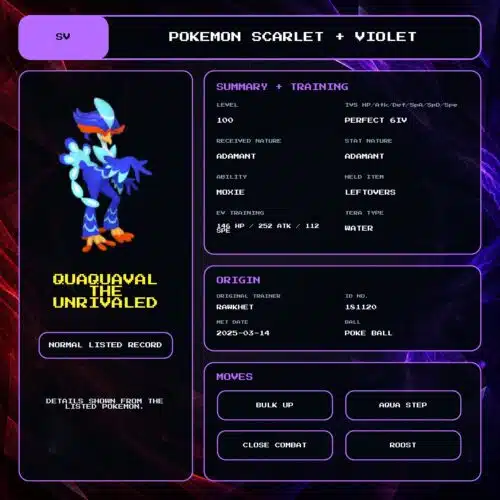 Quaquaval The Unrivaled details for Pokemon Scarlet and Violet.