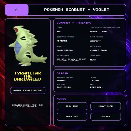 Tyranitar The Unrivaled details for Pokemon Scarlet and Violet.