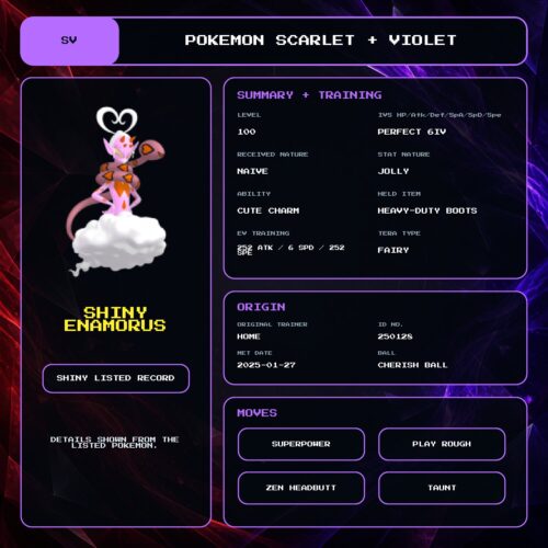 Shiny Enamorus details for Pokemon Scarlet and Violet.