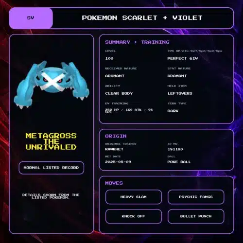 Metagross The Unrivaled details for Pokemon Scarlet and Violet.