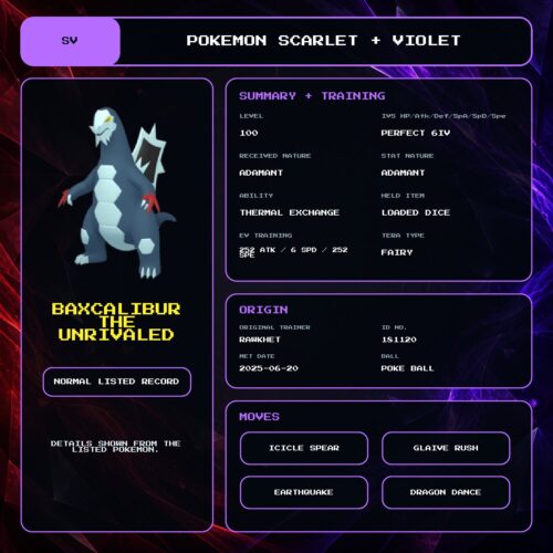 Baxcalibur The Unrivaled details for Pokemon Scarlet and Violet.
