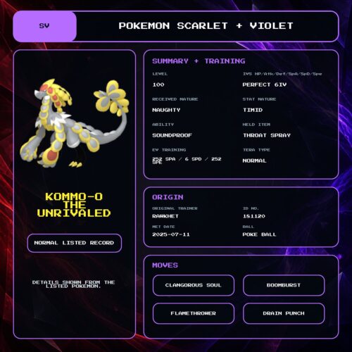 Kommo-O The Unrivaled details for Pokemon Scarlet and Violet.