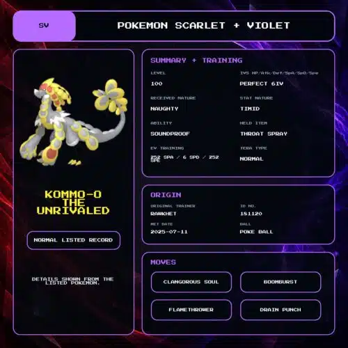 Kommo-O The Unrivaled details for Pokemon Scarlet and Violet.