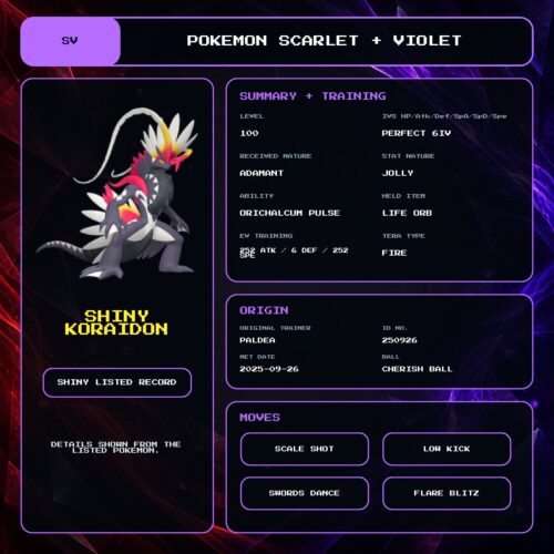 Shiny Koraidon details for Pokemon Scarlet and Violet.