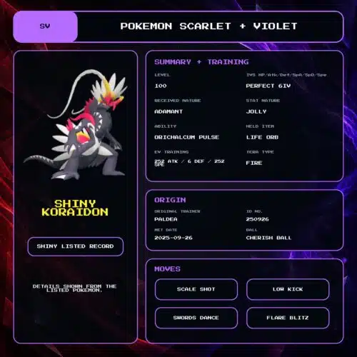 Shiny Koraidon details for Pokemon Scarlet and Violet.
