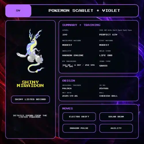 Shiny Miraidon details for Pokemon Scarlet and Violet.
