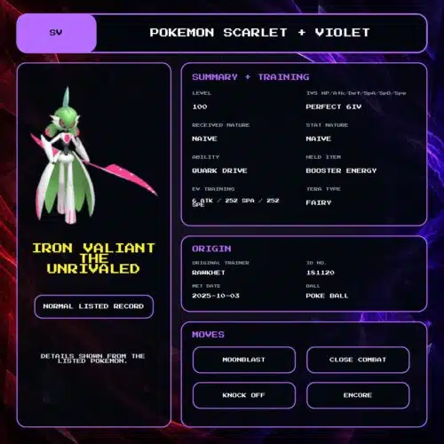 Iron Valiant The Unrivaled details for Pokemon Scarlet and Violet.