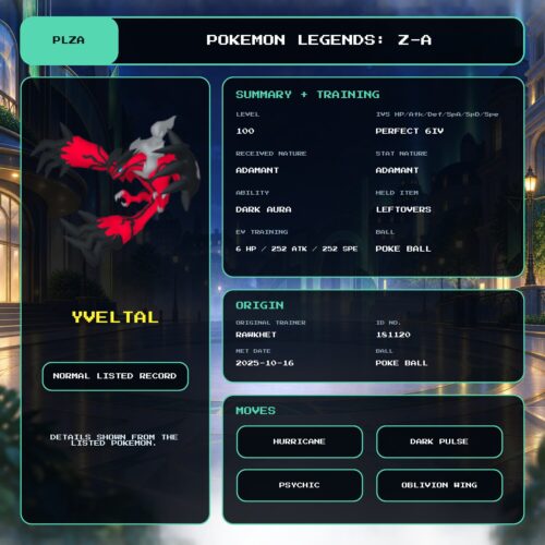 Yveltal details for Pokemon Legends: Z-A.