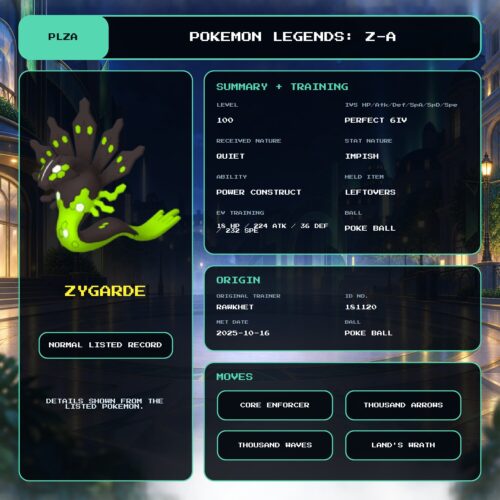 Zygarde details for Pokemon Legends: Z-A.