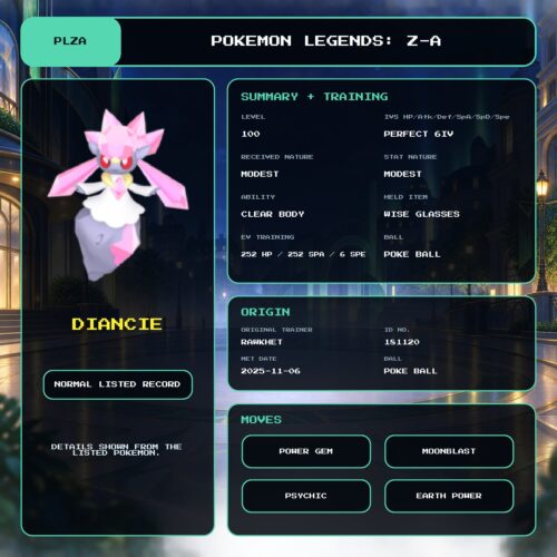 Diancie details for Pokemon Legends: Z-A.
