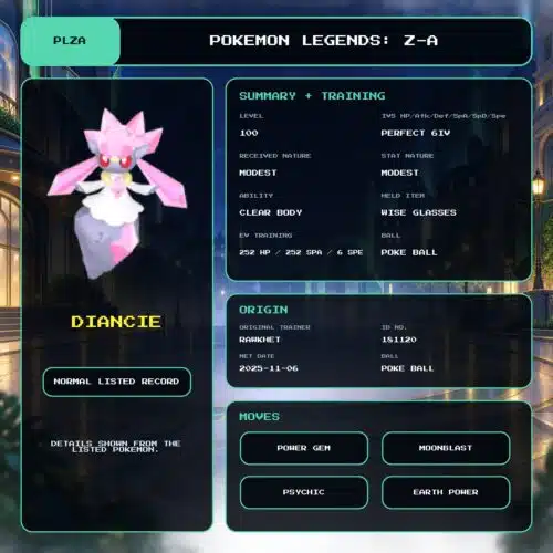 Diancie details for Pokemon Legends: Z-A.