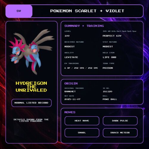 Hydreigon The Unrivaled details for Pokemon Scarlet and Violet.