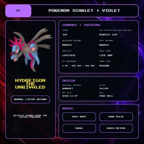 Hydreigon The Unrivaled details for Pokemon Scarlet and Violet.