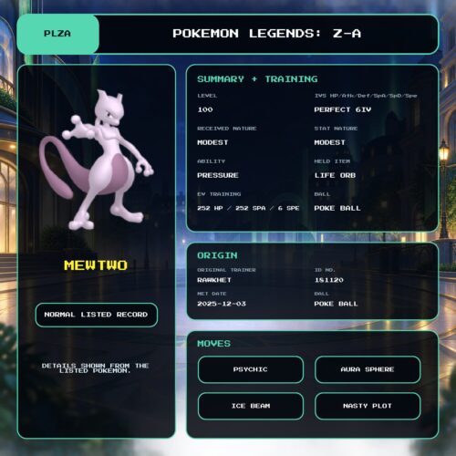 Mewtwo details for Pokemon Legends: Z-A.