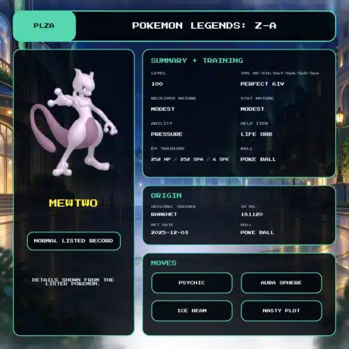 Mewtwo details for Pokemon Legends: Z-A.