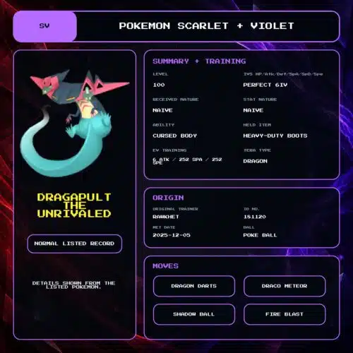 Dragapult The Unrivaled details for Pokemon Scarlet and Violet.