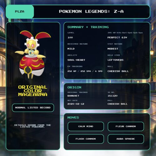Original Color Magearna details for Pokemon Legends: Z-A.