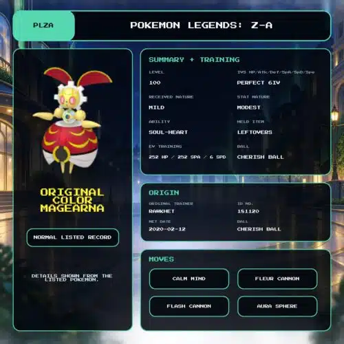Original Color Magearna details for Pokemon Legends: Z-A.
