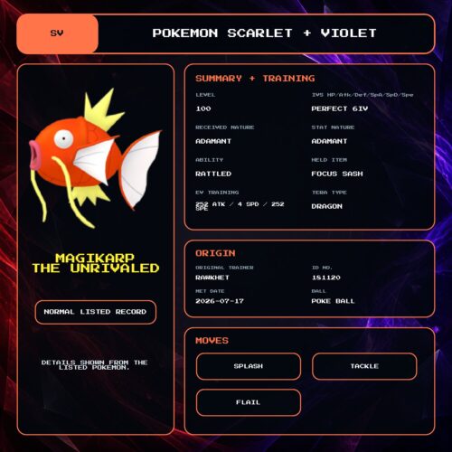 Magikarp the Unrivaled details for Pokemon Scarlet and Violet.
