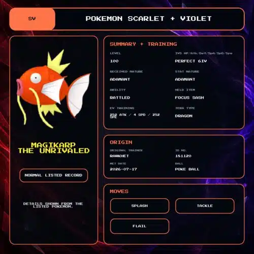 Magikarp the Unrivaled details for Pokemon Scarlet and Violet.