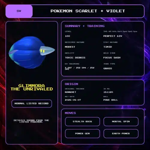 Glimmora the Unrivaled details for Pokemon Scarlet and Violet.
