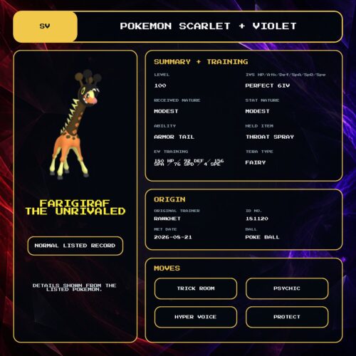 Farigiraf the Unrivaled details for Pokemon Scarlet and Violet.